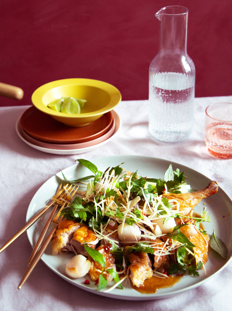 Warm duck, lychee and banana blossom salad